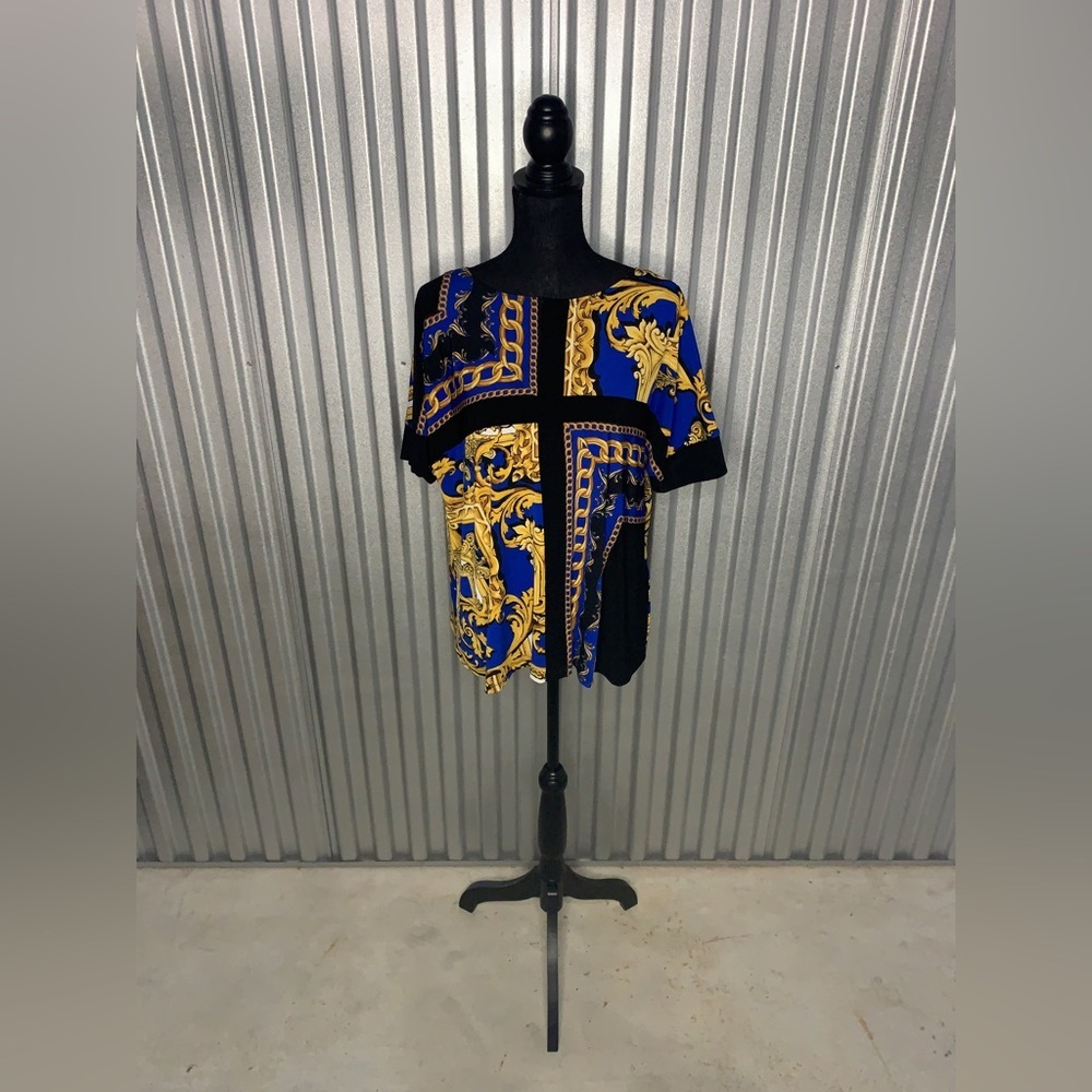 Women’s Joseph Ribkoff Blue Yellow Polyester Spandex Short Sleeve Blouse Size 8